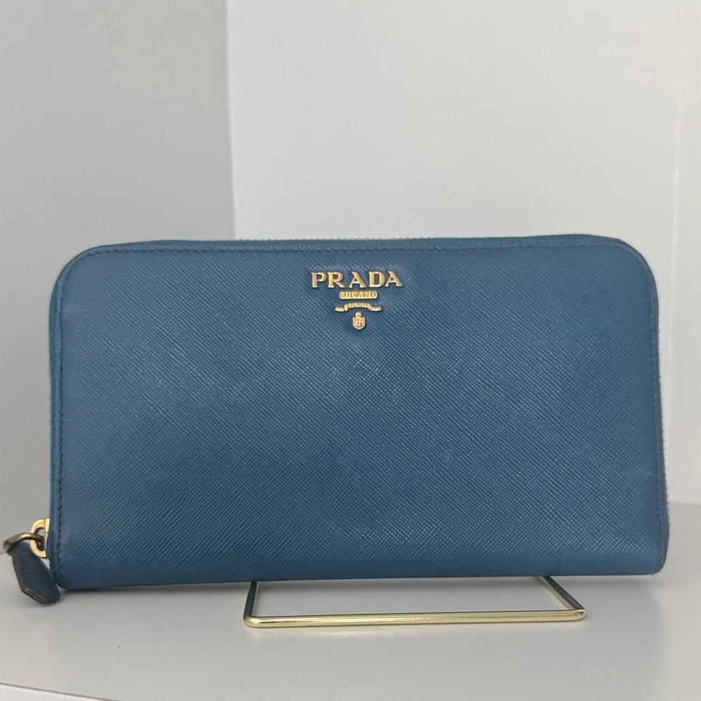 Prada Blue Saffiano Leather Large Organizer Zippy Wallet
